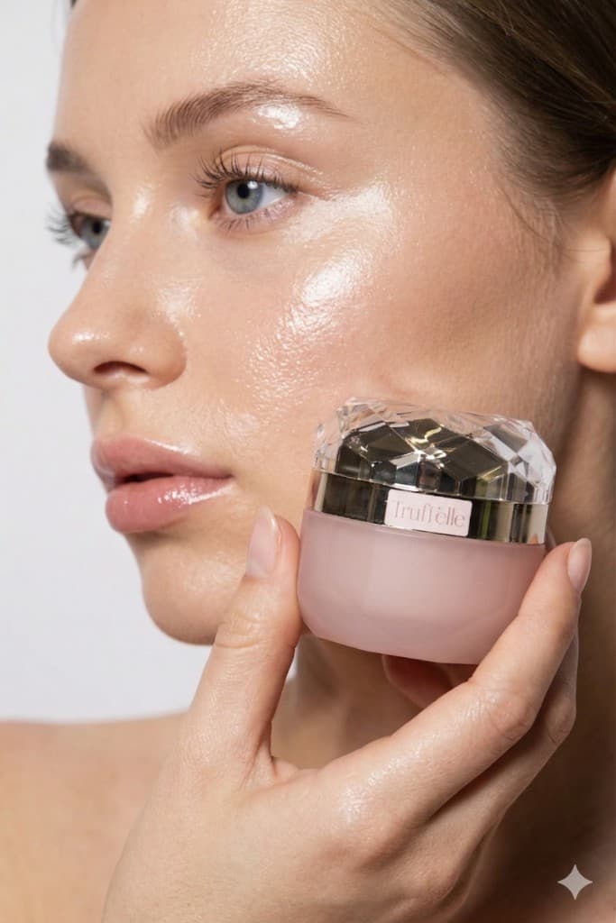 Woman holding the Truffelle jar to her cheek