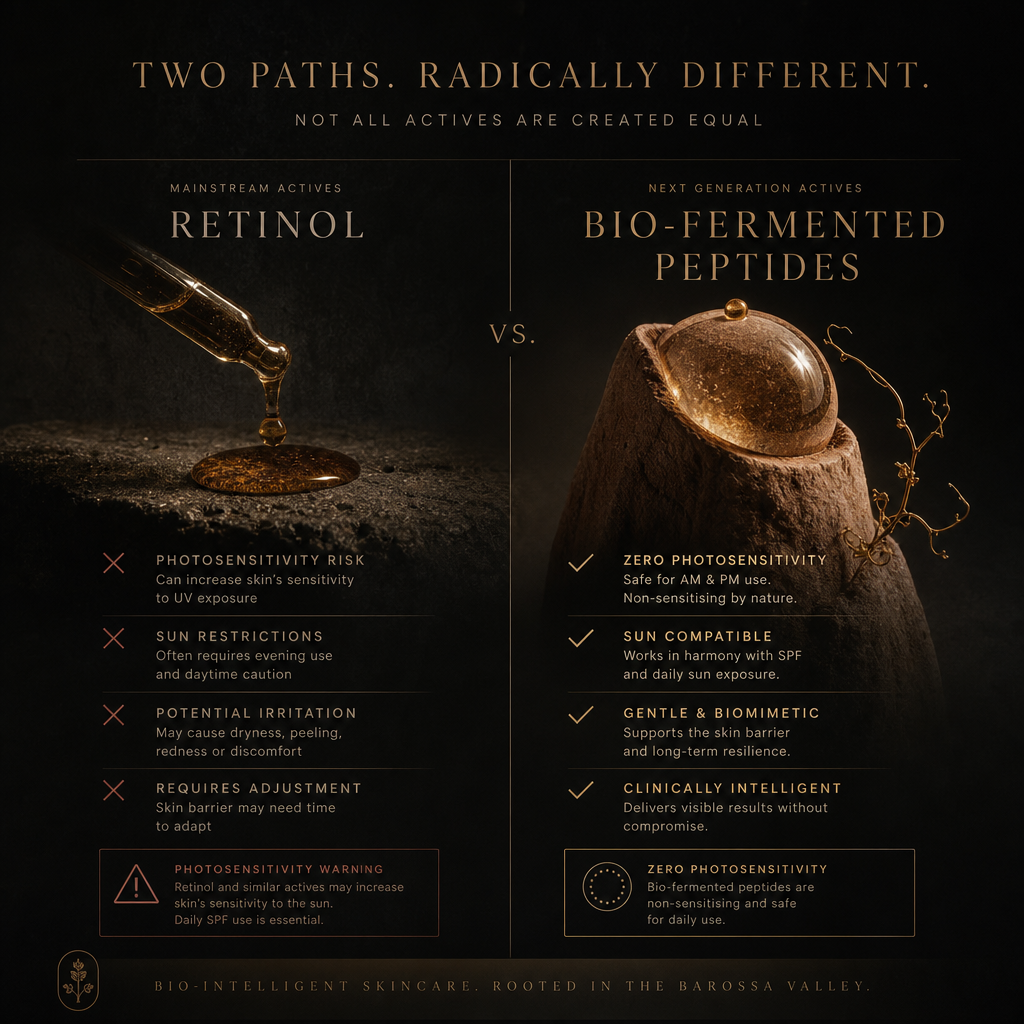 Comparison chart of retinol side effects versus bio-fermented peptide safety profile.