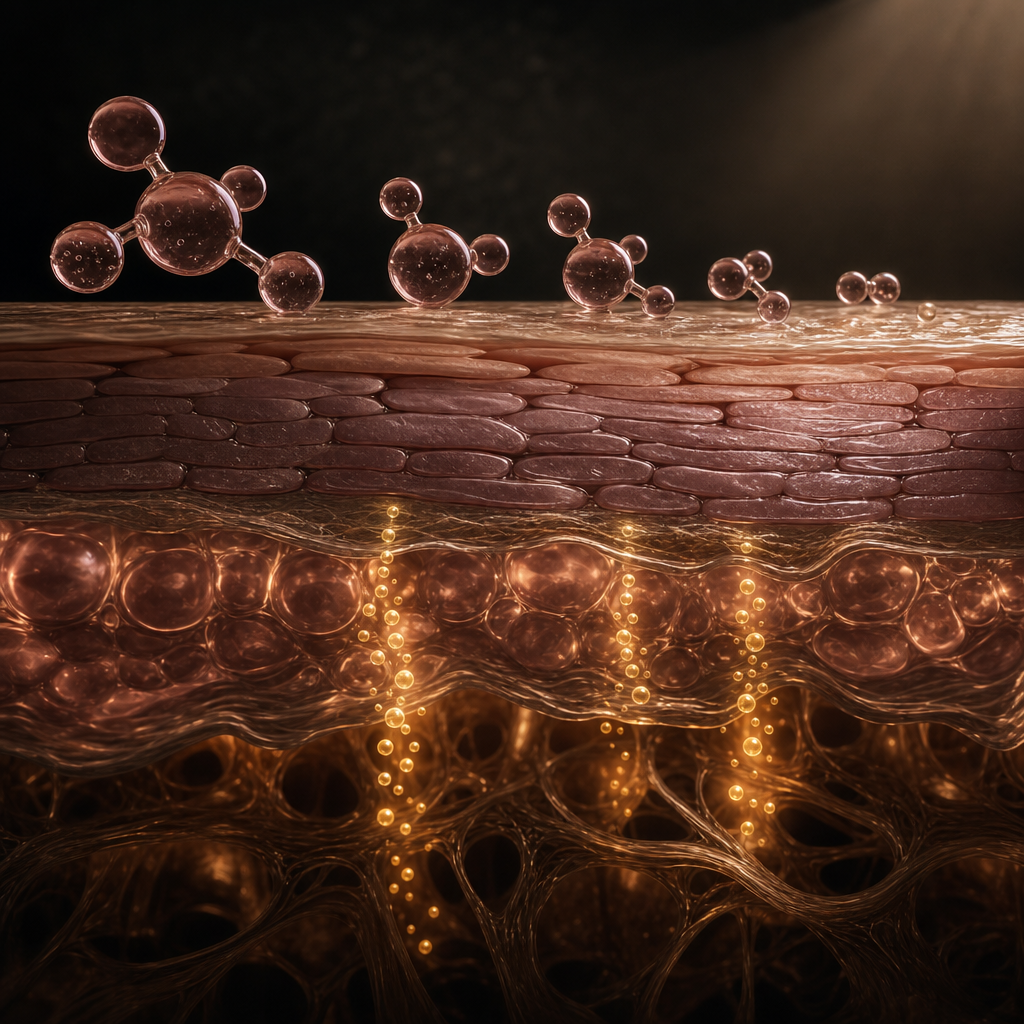 Skin cross-section comparing large peptides with smaller fermented compounds