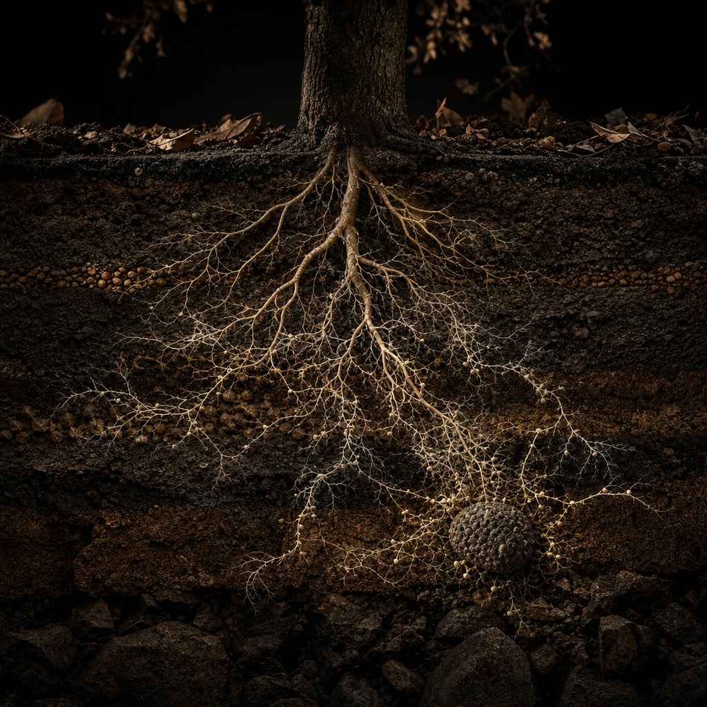 Diagram of truffle mycorrhizal symbiosis with tree roots underground