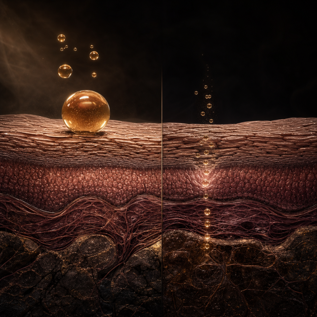 Cross-section comparing large molecules on skin surface versus small peptides reaching the dermis
