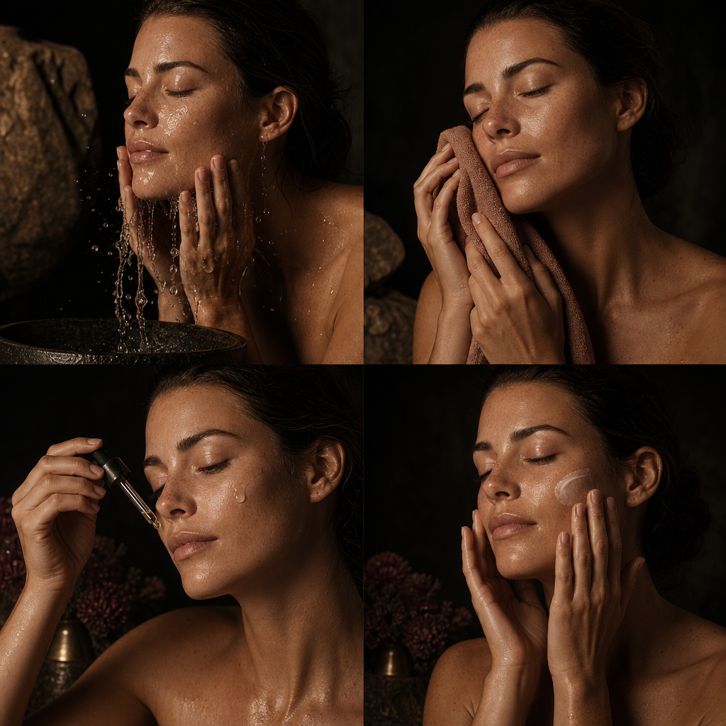 Four-step illustration of cleansing, patting damp, hydrating and moisturising