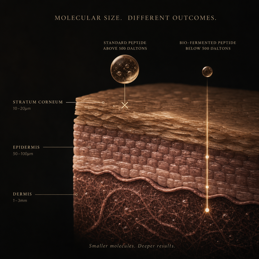 Diagram showing standard peptides blocked at stratum corneum versus bio-fermented peptides penetrating to dermis