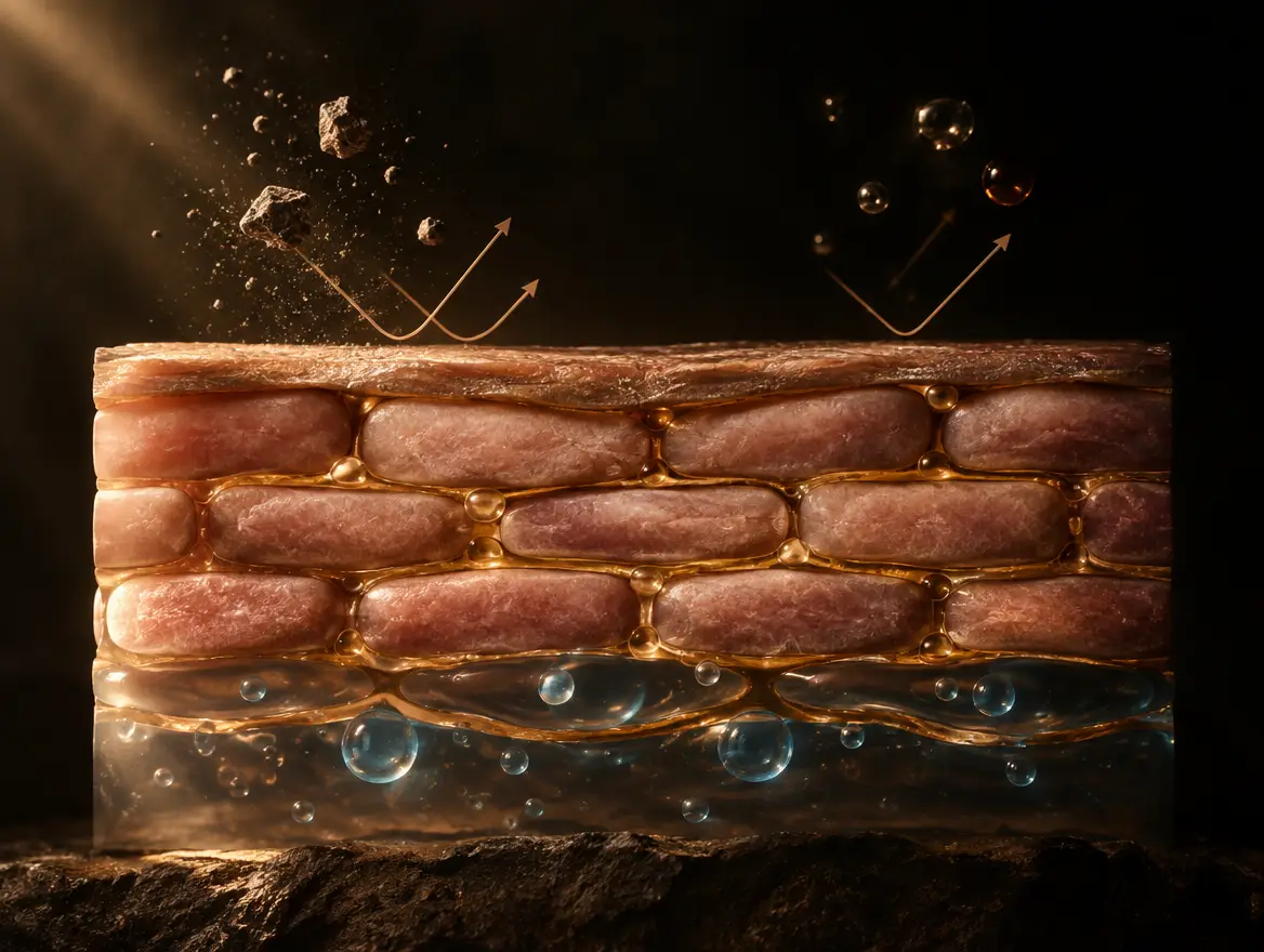 Diagram of the skin barrier shown as a brick wall of skin cells and moisture