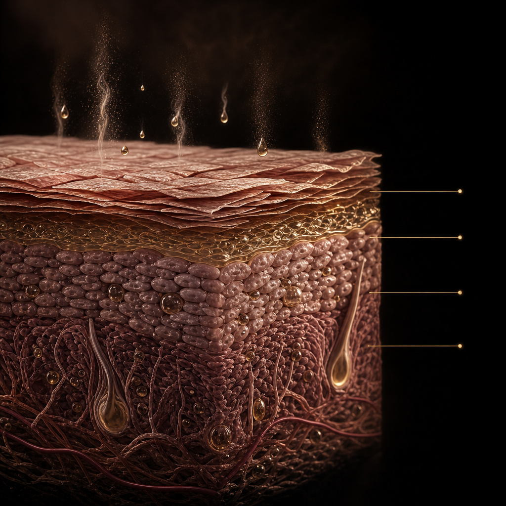 Cross-section of mature skin showing barrier lipids and moisture loss