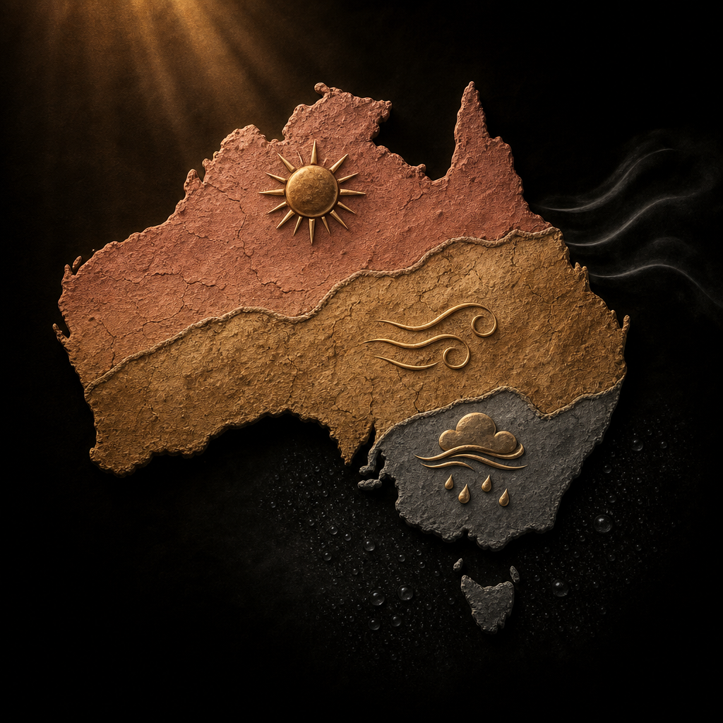 Australian climate zones with sun, wind and humidity symbols