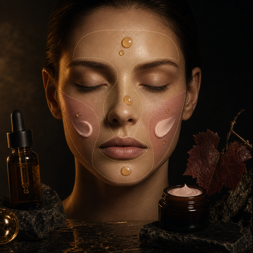 Facial zones showing tailored skincare layering for different skin needs