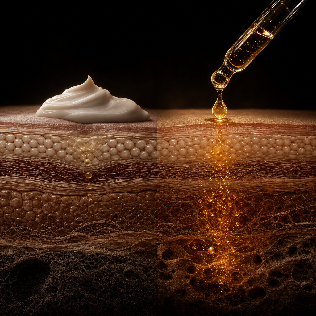 Skin cross-section comparing surface cream and sub-500 Dalton delivery