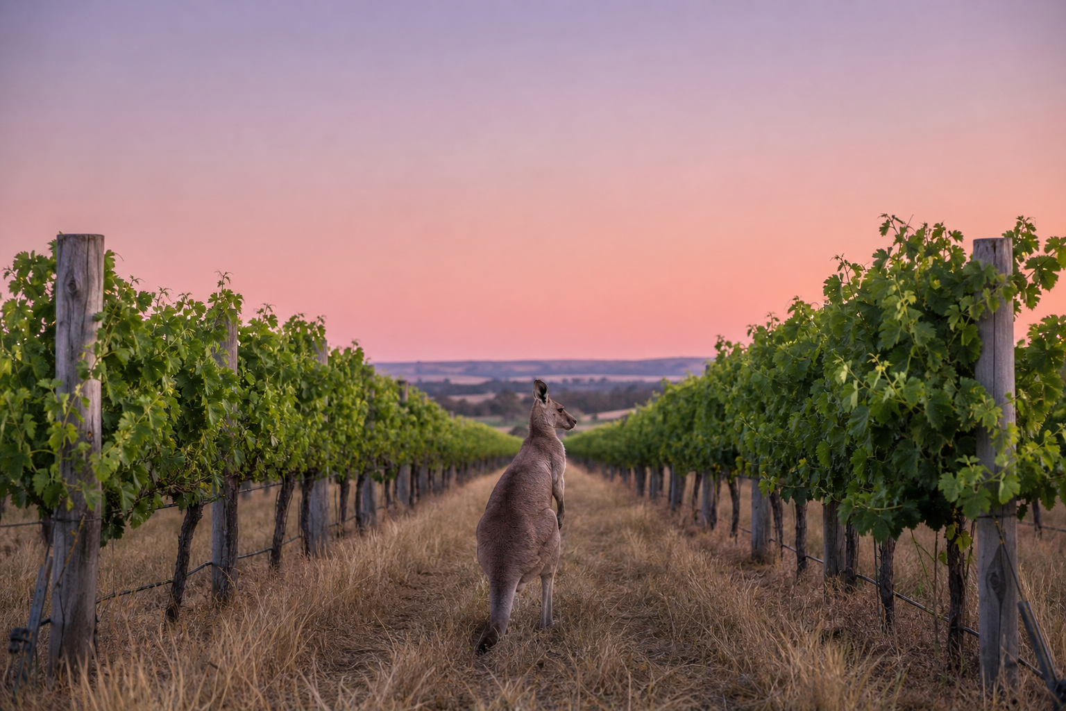 A kangaroo standing between the vines in a Barossa Valley vineyard at dusk