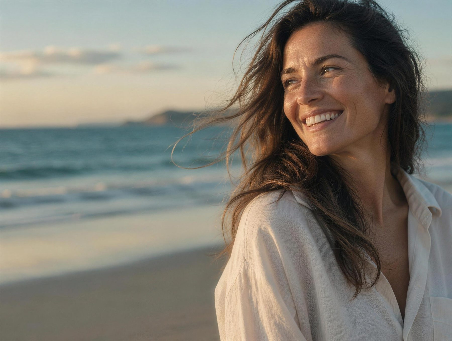 A woman in her early forties, hair loose, laughing in late afternoon light by the sea