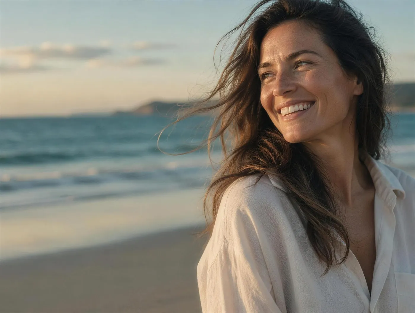 A woman in her early forties, hair loose, laughing in late afternoon light by the sea