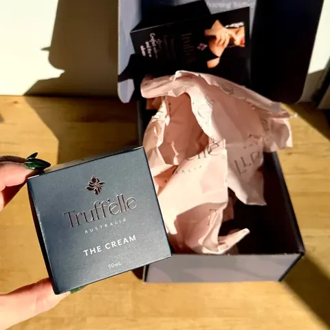 Sidonie's Truff'elle order: The Cream box held up in front of the open gift box